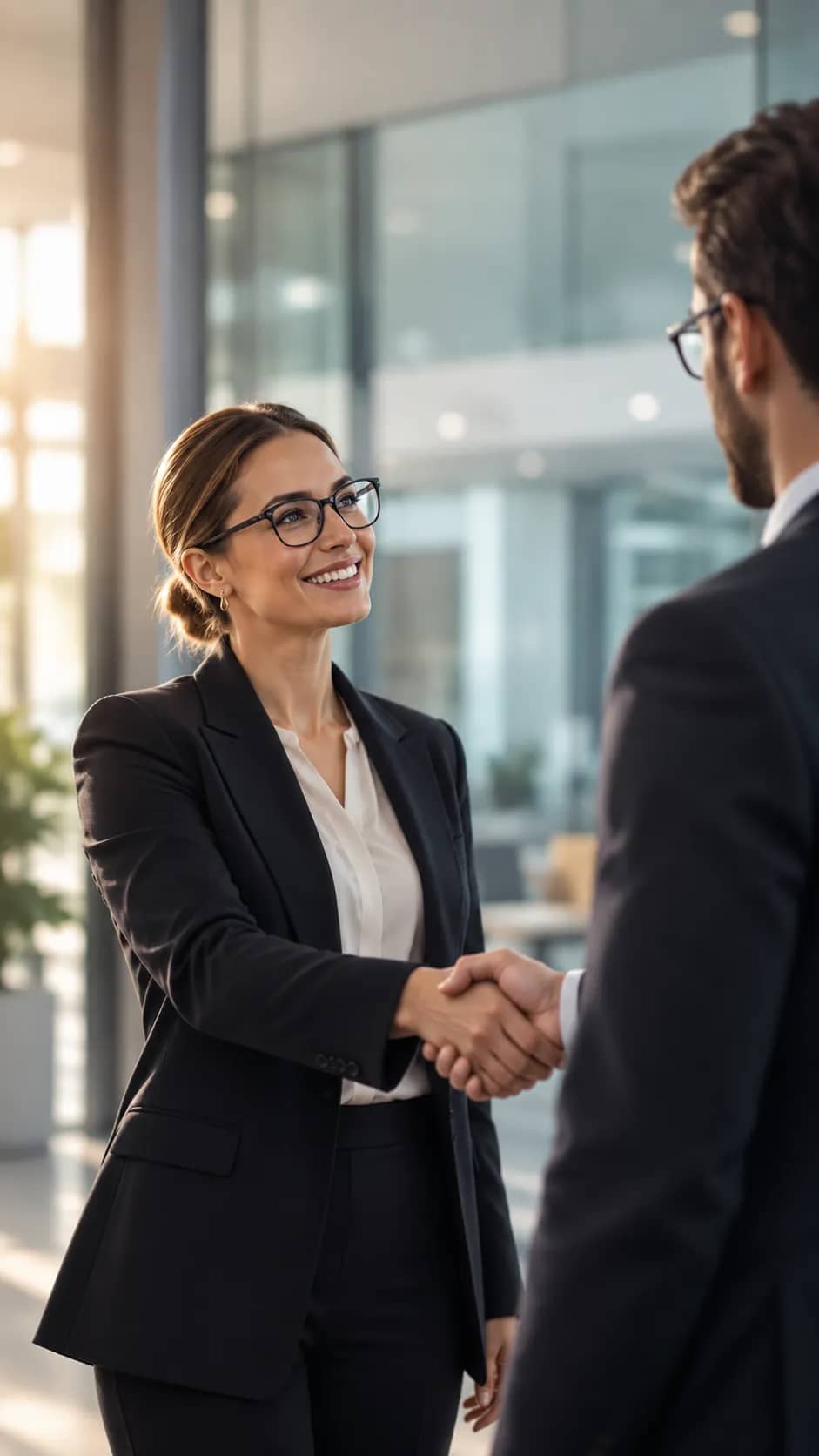 A lawyer shaking hands with a colleague in a bright glass office