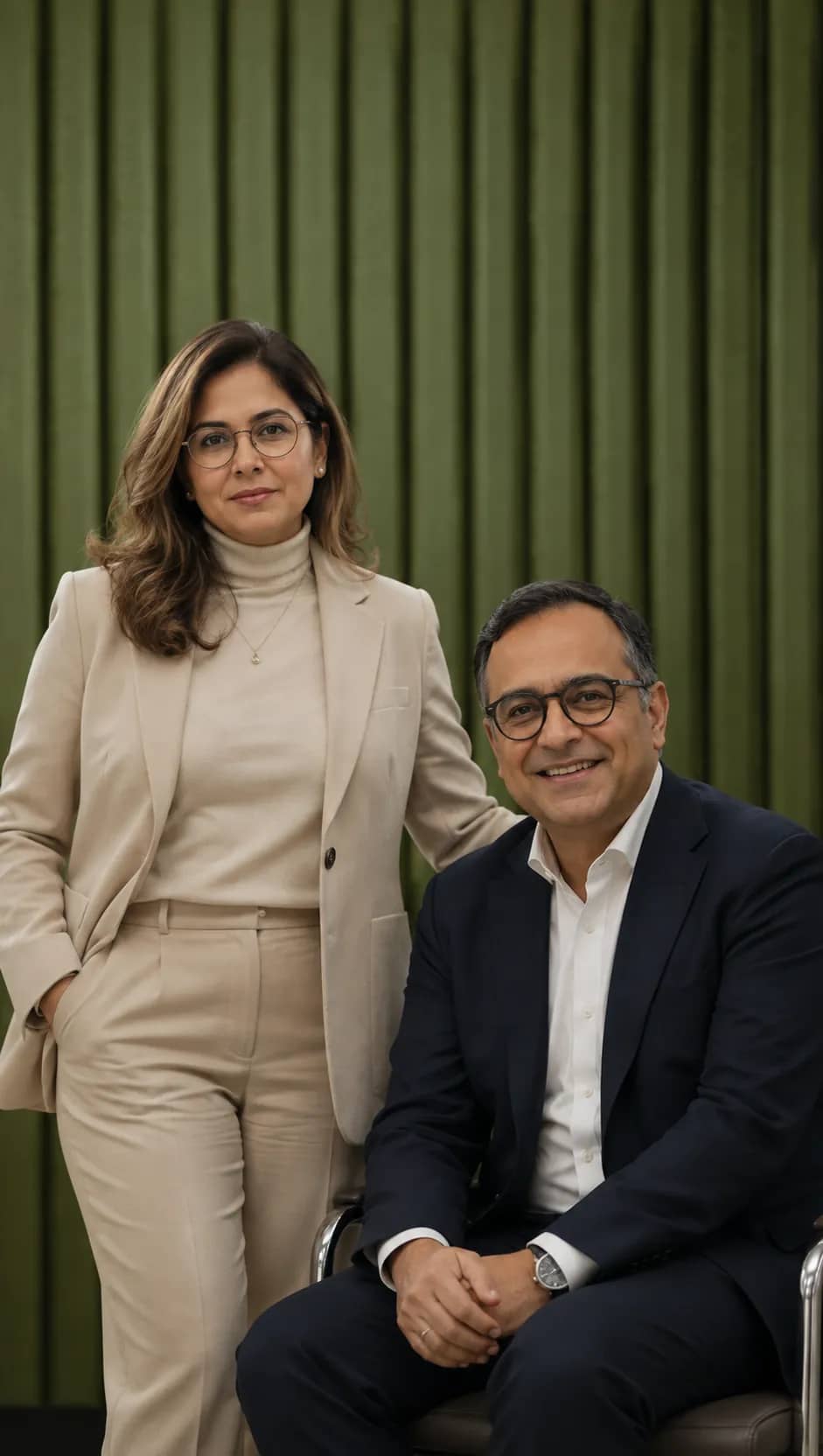 Two in-house lawyers in front of a green panelled wall, one standing and one seated