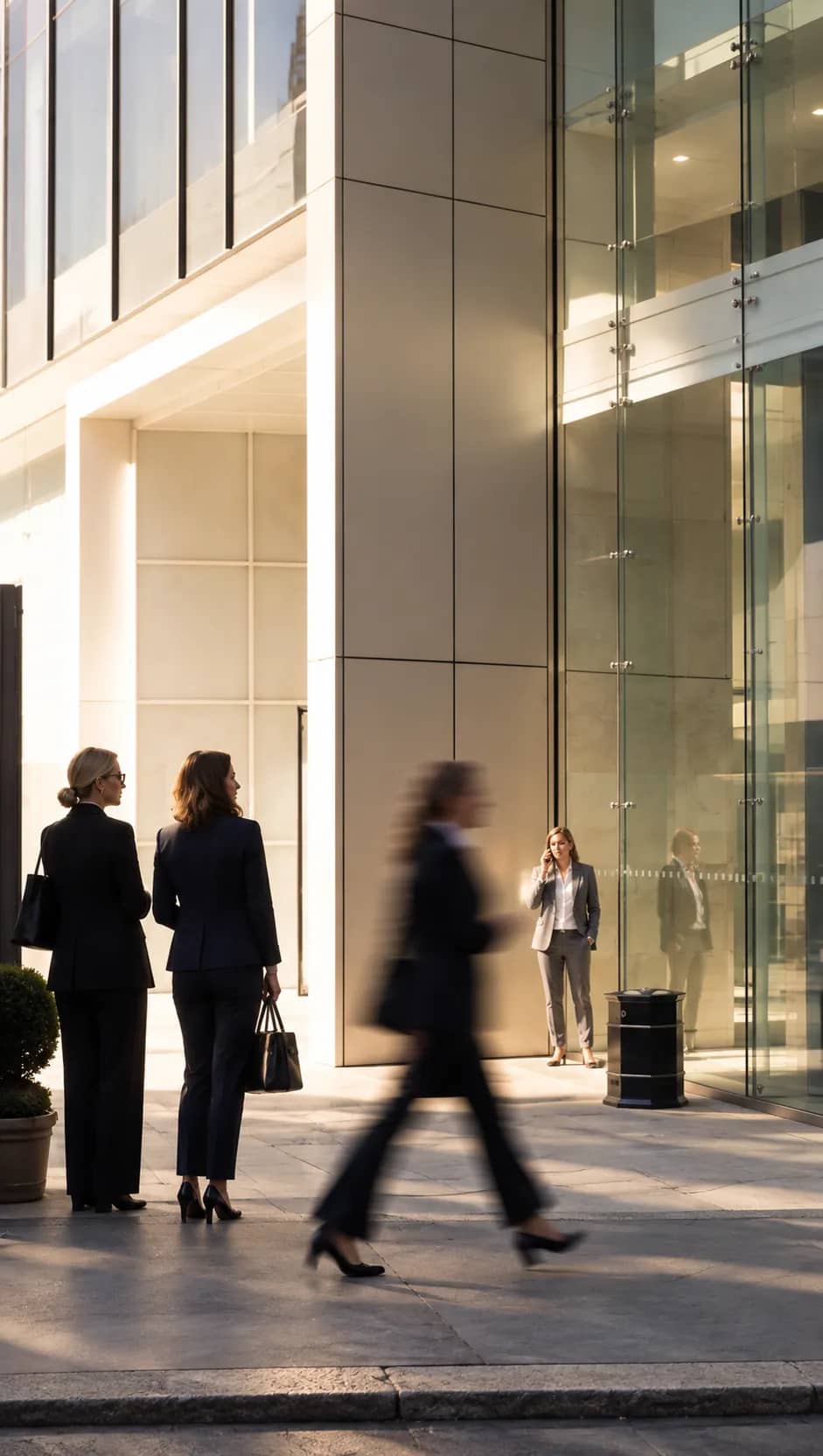 Lawyers outside a glass office building in late afternoon light
