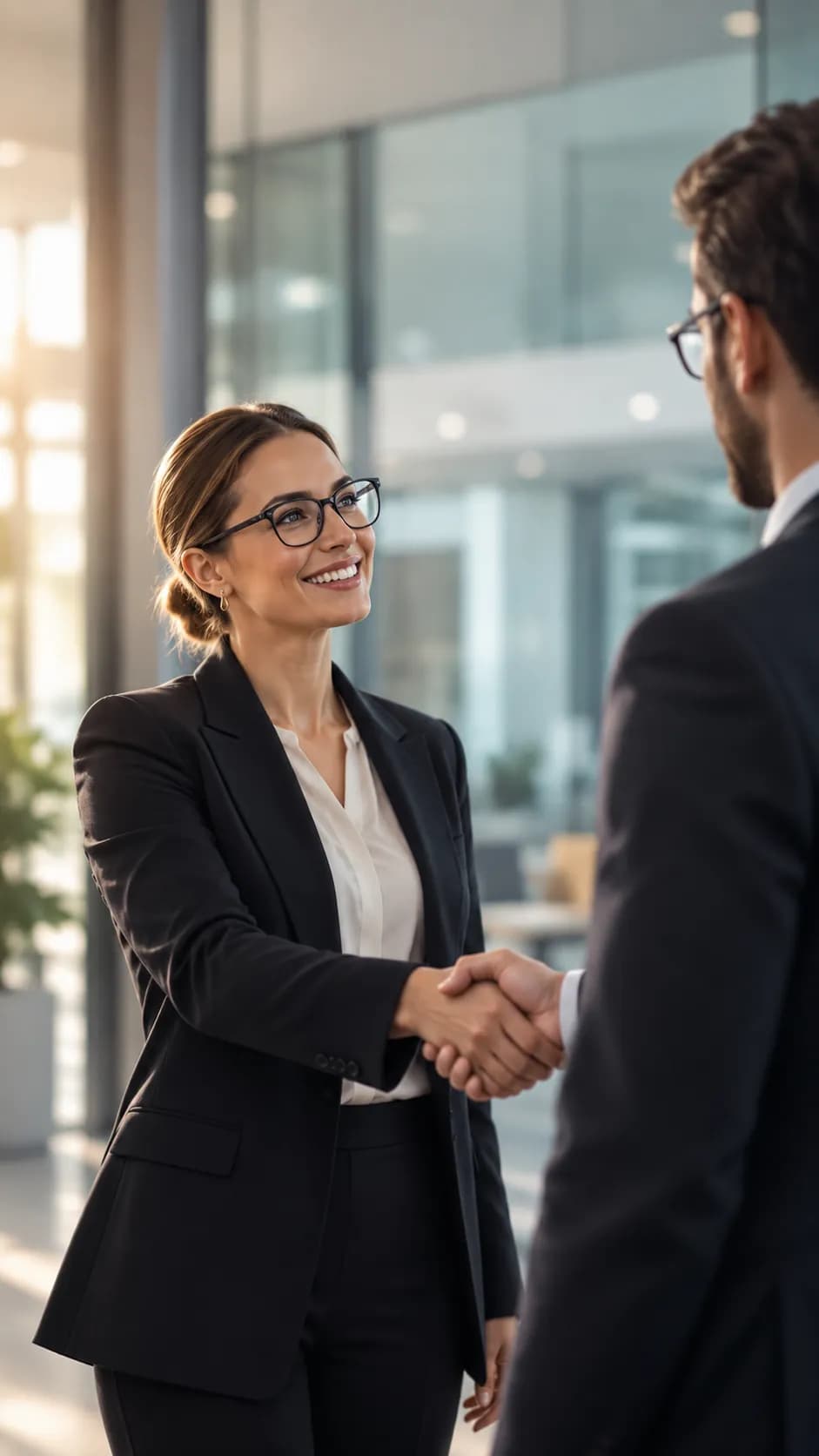 A lawyer shaking hands with a colleague in a bright glass office