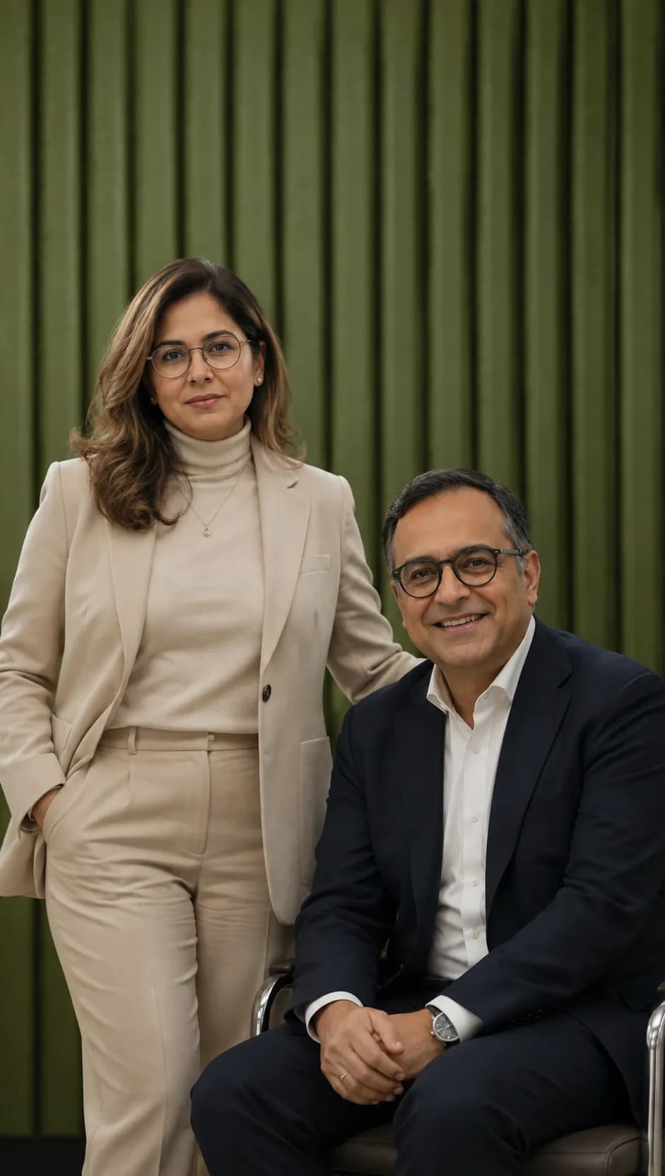 Two in-house lawyers in front of a green panelled wall, one standing and one seated